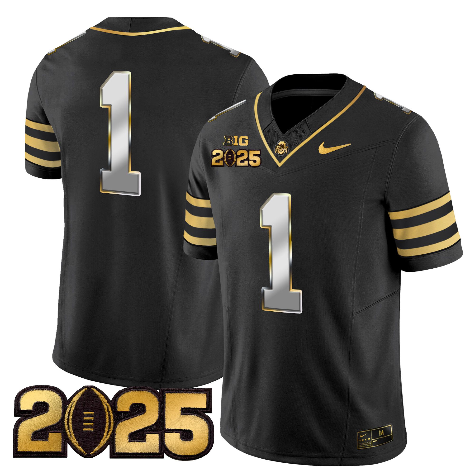 Men Ohio State Buckeyes #1 No Name Black 2025 CFP Final Patch Gold Vapor Limited NCAA Jersey style 2